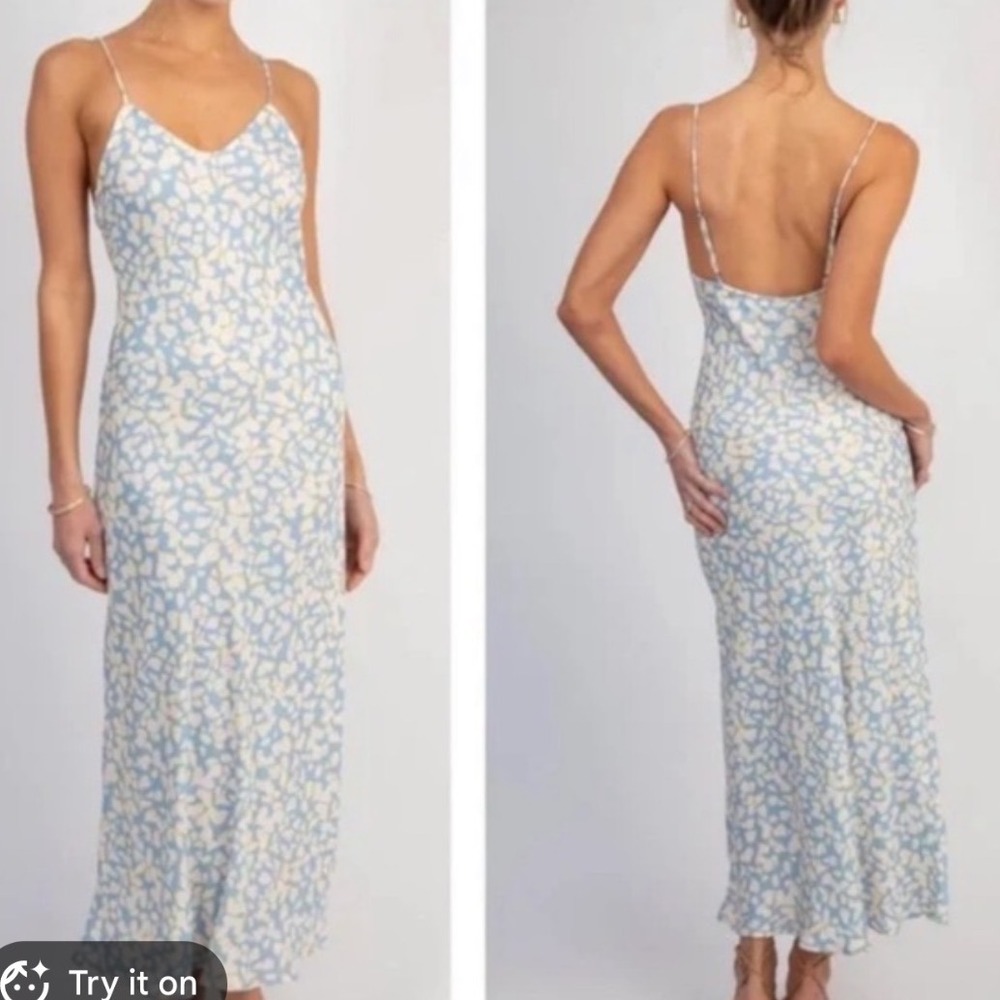 RESA Blue Floral Madison slip Maxi Dress Open Back Side Slit Made in LA Size L